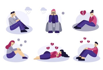 Sad people set of flat characters. Frustrated young men and women sit and lie on the ground. Broken heart, unhappy love. The concept of frustration, depression, psychotherapy.