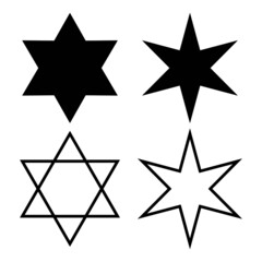 Vector icon set of six point stars, including the star of David 