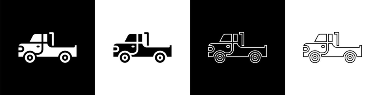 Set Pickup Truck Icon Isolated On Black And White Background. Vector.