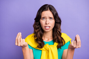 Photo of sad curly young lady wear sweater shoulders ask understand her isolated violet color background