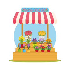 A flower stall open with an awning with spring garden flowers in pots and tulips in buckets. Vector illustration, postcard, icon, sticker, poster