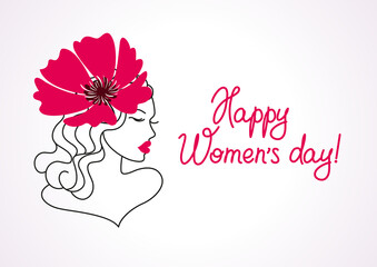 Minimalistic postcard for International Women's Day with a woman's portrait in line art style and a red flower. Vector illustration, postcard, poster, banner, congratulation, invitation.