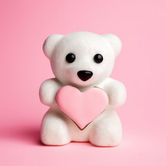 White teddy bear holding a heart shaped cookie on pink background. Minimal Valentines, romantic or love concept. Copy space.