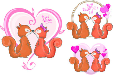Vector illustration of cute squirrel couple kissing. Cute Valentine Moments for Your Love Cards