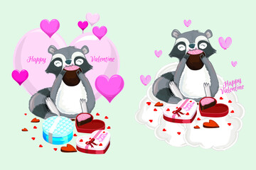 Cute Valentines Day card with racoon and valentine's chocolate