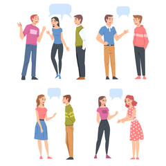 Young People Talking to Each Other with Speech Bubbles Set, Friends or Colleagues Gossiping, Chatting or Sharing Impressions Cartoon Style Vector Illustration
