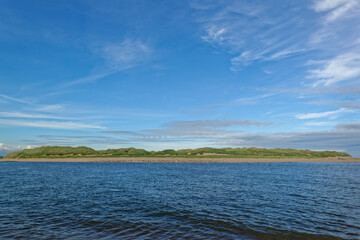 The Northern point of Forvie sands and the Ythan Estuary with a Seal Colony on the sandy beach below the Grass covered Dunes.