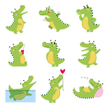 Cute Funny Crocodiles in Different Situations Set, Funny Alligator Green Predator Animal Character Cartoon Style Vector Illustration