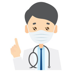 マスクをして指差しアドバイスをする医者 A doctor with a mask pointing a finger giving an advice
