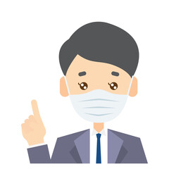 マスクをして指差しアドバイスをするビジネスマン Businessman with a mask pointing a finger giving an advice