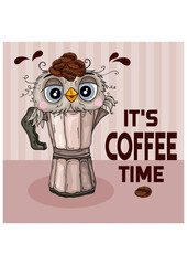 Funny coffee time illustration with owl
