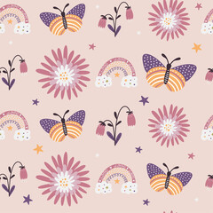 Floral seamless pattern with butterflies, rainbows and flowers, hand drawn elements, Vector seamless background.