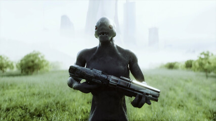 Military alien with a weapon walks through the meadow against the background of the city. 3d rendering