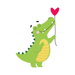 Cute Crocodile Holding Heart Shaped Balloon, Funny Alligator Predator Green Animal Character Cartoon Style Vector Illustration