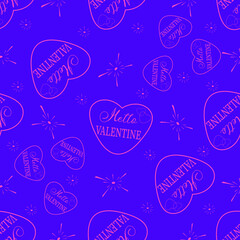 Pink hearts with the phrase hello valentine with bright flare elements on a purple background. Romantic seamless pattern. a festive option for Valentine's Day, Mother's Day or March 8th. Vector.