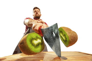 Amazing caucasian man preparing unbelievable food with action, details and bright emotions,...
