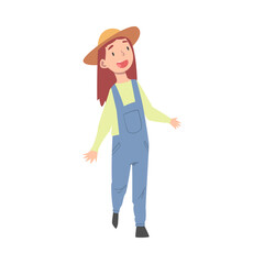 Cute Smiling Girl Wearing Denim Overalls and Straw Hat Cartoon Style Vector Illustration