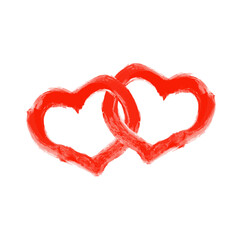 two intertwined red hearts drawn with a brush on a white background
