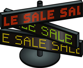 Three LED signs showing SALE in different colors and fonts.