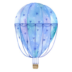 Flying balloon with a wicker basket. Watercolor drawing.