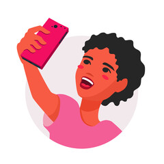 A teenage girl taking a selfie with her smartphone. A woman photographing herself, take a photo. An avatar, portrait. A vector cartoon illustration.