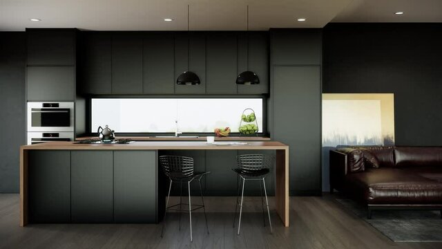 modern kitchen interior with living room. 3d animation video 4k