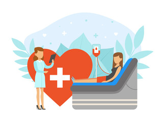 Blood Donation Concept, Woman Donor Volunteer Donating her Blood Cartoon Vector Illustration