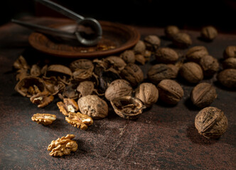 Walnuts and metal nutcracker