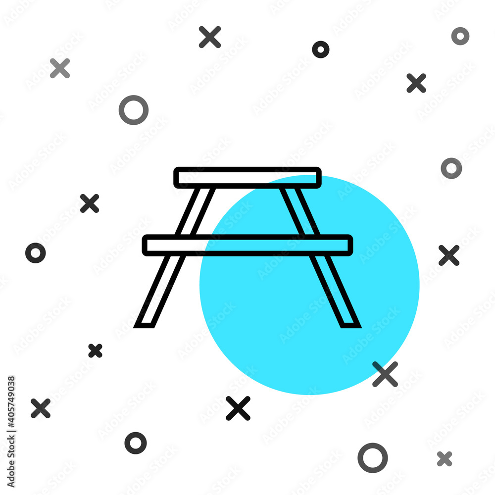 Poster Black line Picnic table with benches on either side of the table icon isolated on white background. Random dynamic shapes. Vector.