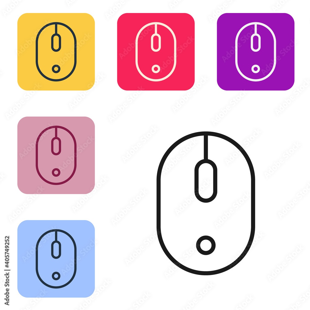 Poster black line computer mouse icon isolated on white background. optical with wheel symbol. set icons in