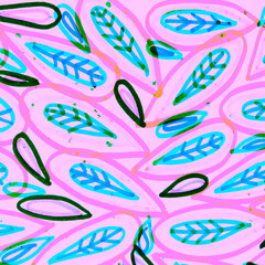 Blue Floral Pattern. Black Tie Dye Brush. Pink