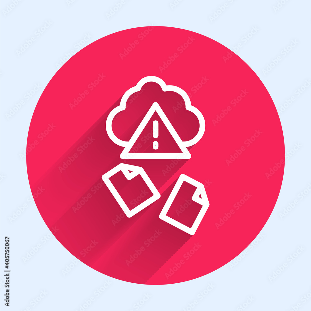 Poster white line cloud hacking icon isolated with long shadow background. cloud leak. red circle button. v