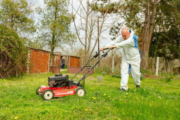 Farmer in protective clothing is mowing a lawn in a garden with a petrol lawn mower