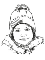 Sketch of young girl in winter hat with bubo Hand drawn vector illustration