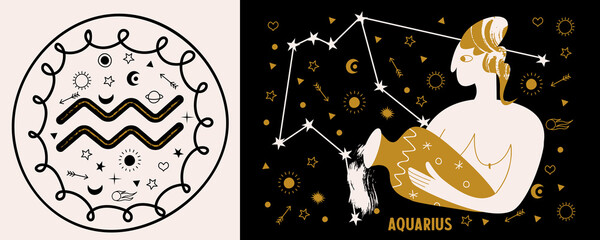Horoscope and astrology. The zodiac sign Aquarius. Black and gold. Vector illustration in a flat style.
