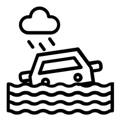 Heavy Rain Concept, Car Sinking Due to Flood Water Vector Icon Design, Wet season Symbol on white background, rainfall weather scooter Sign,