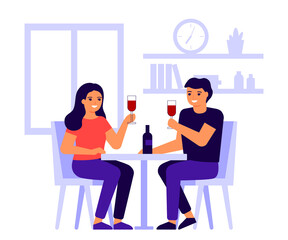 Lover people are meeting, sitting together at table at home, celebrate Valentines day. Happy couple dating, celebrate holiday, talk and eat. Family drink wine, taste food at home. Vector