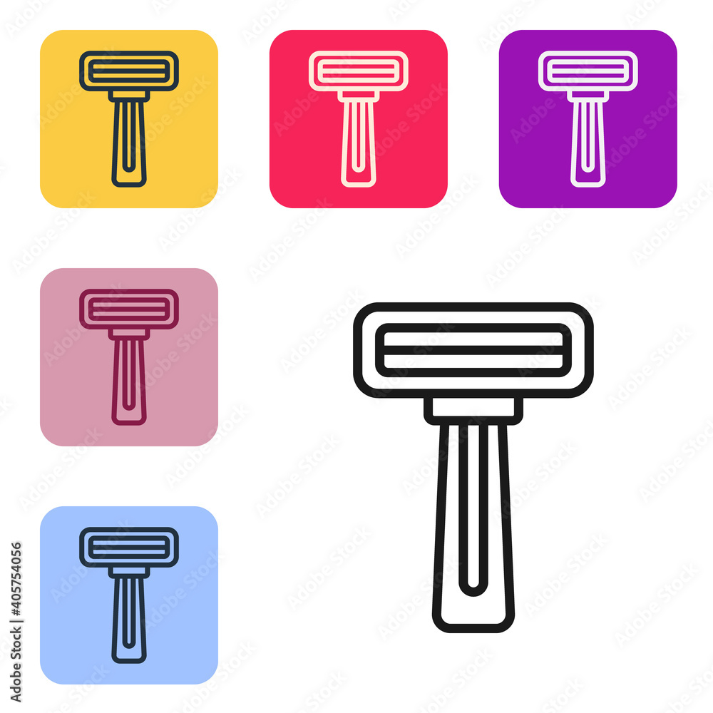 Poster black line shaving razor icon isolated on white background. set icons in color square buttons. vecto