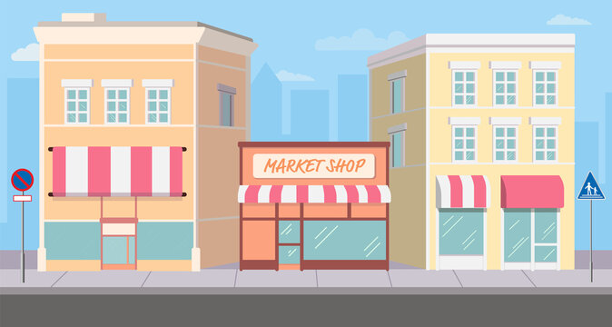 Flat Building And Shopping Street Market with traffic sign on footpath.Vector illustration.Cityscape on main street.Shop facade on road with silhouette town background.Modern store buildings outdoor.