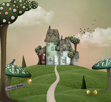 Fantasy country house over the hill with giant mushrooms, a surreal tree and baby chickens