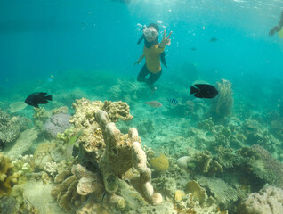 Naklejka na ściany i meble woman snorkeling with fish. Underwater moment