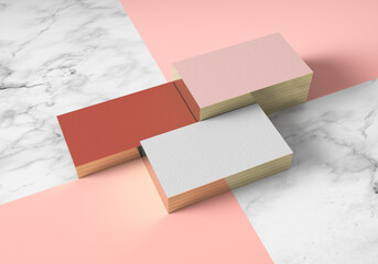 Business cards with golden edge, mockup in pale pink and marsala colors