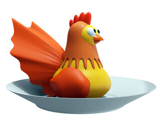 3D RENDERING ILLUSTRATION. CLIPPING PATH on MAIN OBJECT. Cartoon character funny toy chicken on dish plate.