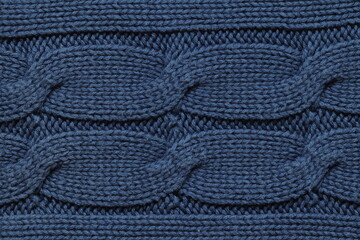 Texture of blue knitted sweater fabric.