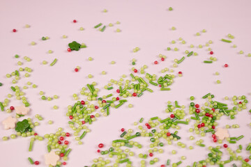 half of the background area is filled with green and yellow spots with pink splashes
