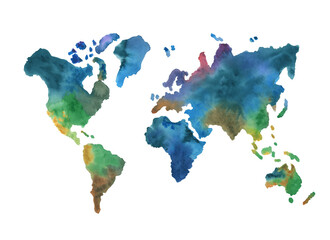 Fototapeta na wymiar World Map Continents Watercolor Illustration Gradient Postcard.