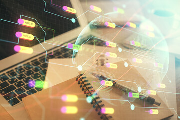 Double exposure of map drawing and desktop with coffee and items on table background. Concept of...