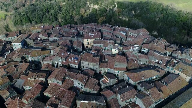 Aerial view of Farnese, A village in Viterbo, houses, roads and a landscape
