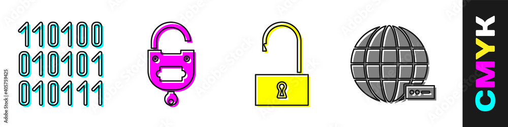 Poster set binary code, lock and key, open padlock and social network icon. vector