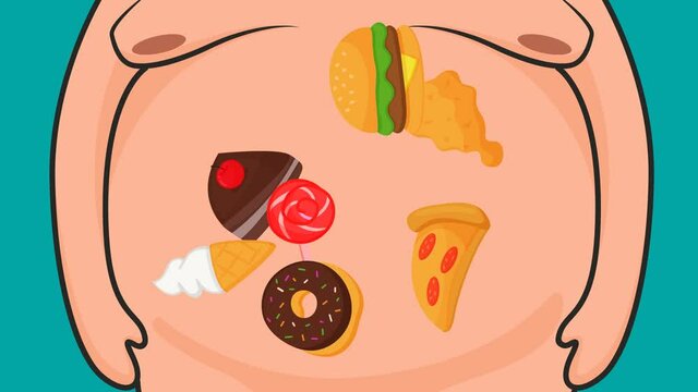 Looped animation video footage of a fat man with fast food in a stomach.